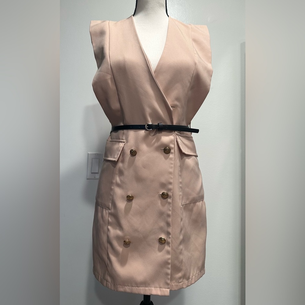 Nude Sleeveless Gold Button Blazer Dress